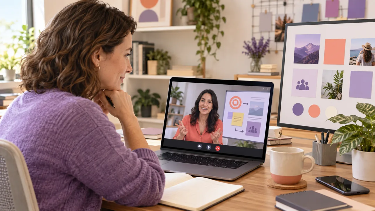 Une apprenante échange en visioconférence avec sa formatrice autour d'un plan marketing