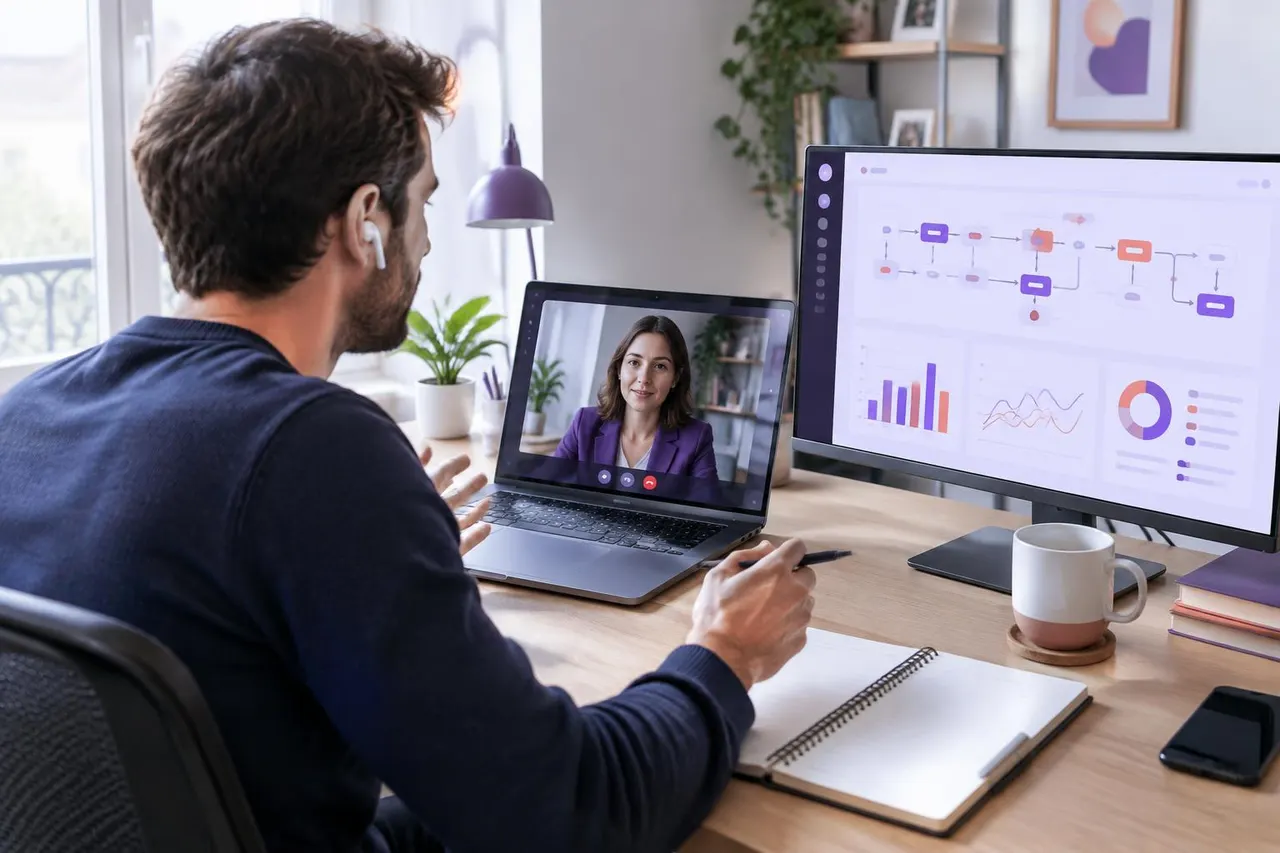 Un commercial suit une séance individuelle en visioconférence devant un workflow d'automatisation et un tableau de bord commercial